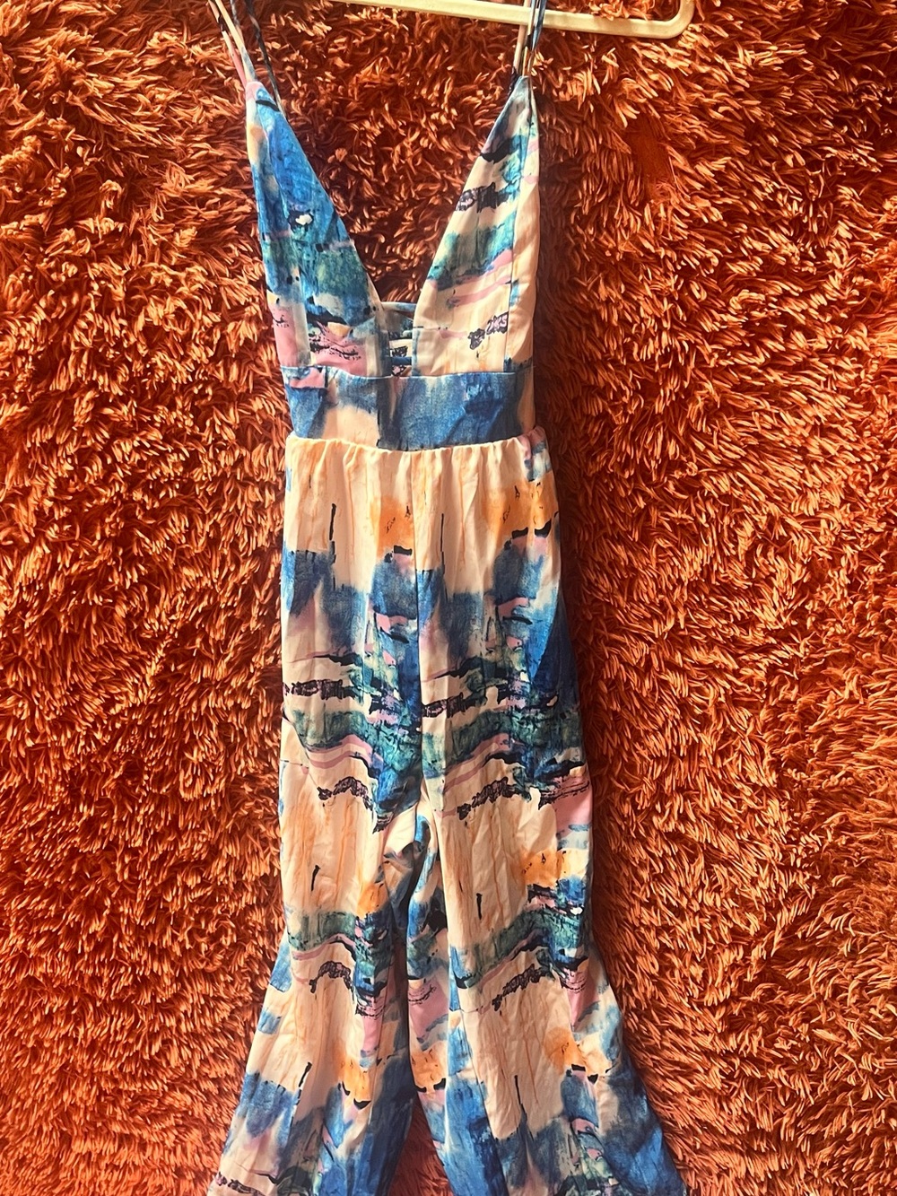 Fashion Nova women’s Blue & Pink Watercolor Print Jumpsuit Size XL New WO Tags